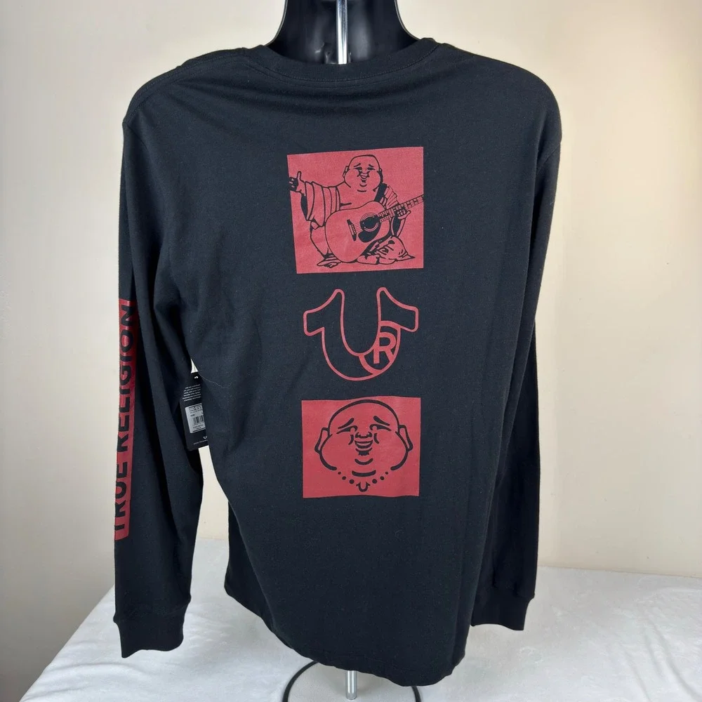 New True Religion Mens Long Sleeve Sidebar Tee Black Red Buddha 107818 Large